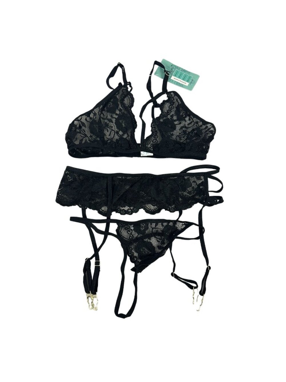 Lidogirl Lace Lingerie Set With Garter Belt & Thong Black Size S